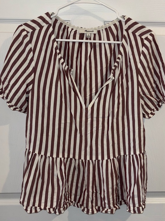 Madewell Tops - Madewell Women's Burgundy & White Stripe Peplum Ruffle Top sz M